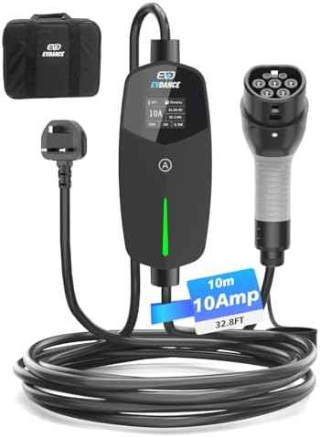 EV Charger Type 2 UK 3 Pin 20ft/6.1m [6/8/10A] Portable Electric Car Charger for EV &amp; PHEV, Adjustable Current, IP66 Type 2 Charging Cable for Home &amp; Travel, Black