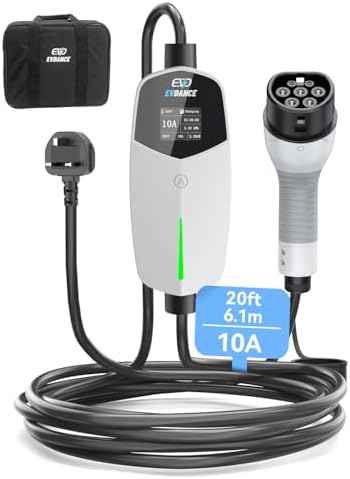EV Charger Type 2 UK 3 Pin 20ft/6.1m [6/8/10A] Portable Electric Car Charger for EV &amp; PHEV, Adjustable Current, IP66 Type 2 Charging Cable for Home &amp; Travel, Black