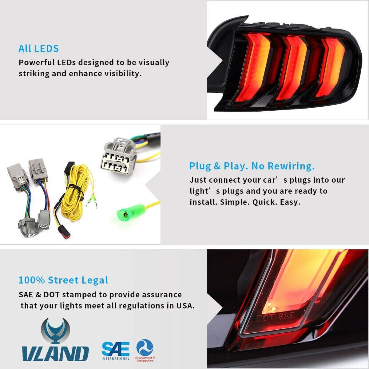 VLAND  15-23 Ford Mustang 6 MK6 S550 5 Mode Dynamic Lightbar LED DRL Rear Lights