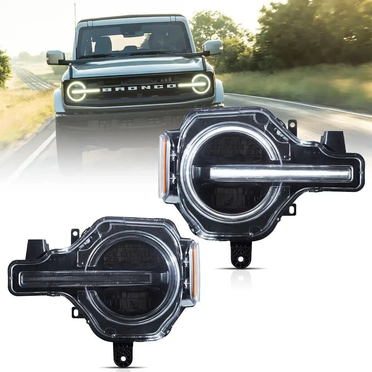 Pair VLAND 20-24 Ford Bronco Full LED DRL Lightbar Projector Halo Ring Headlights