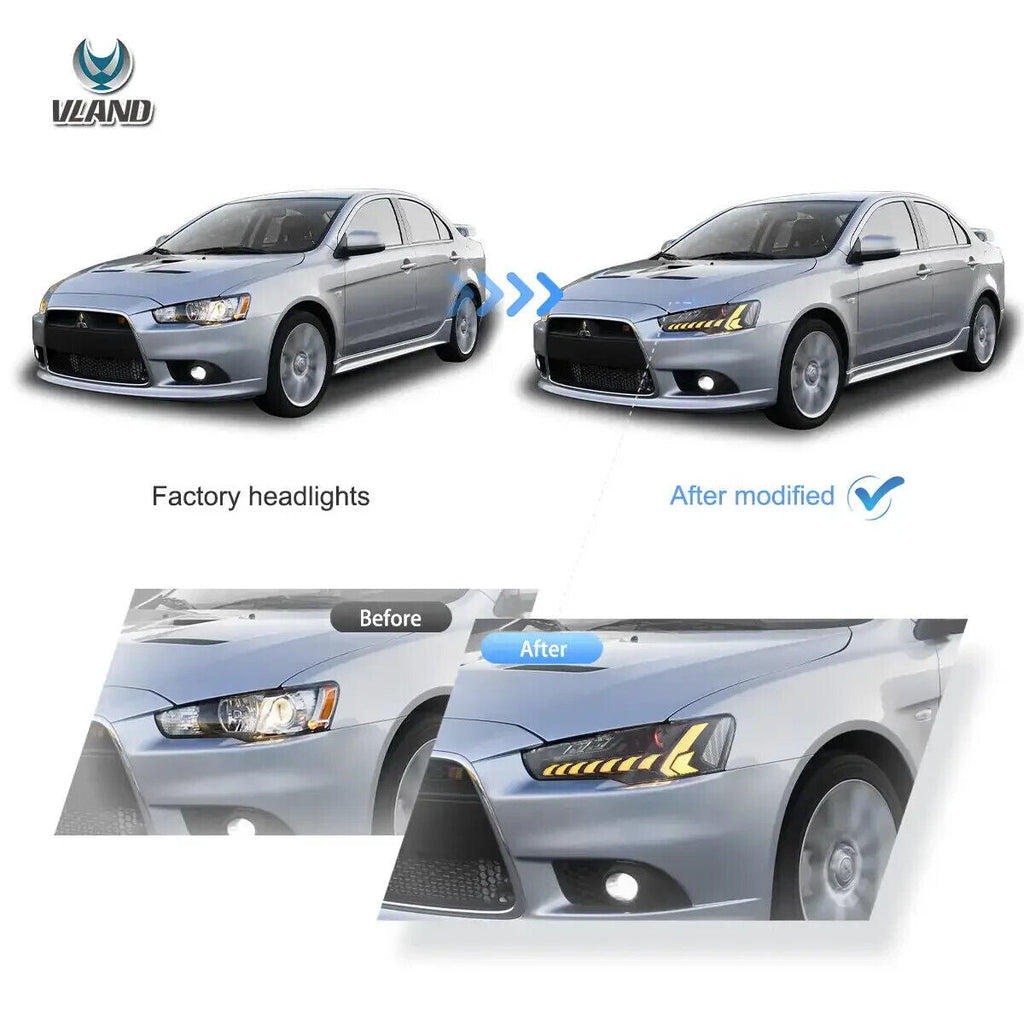 VLAND Pair 08-17 Mitsubishi Lancer Evo X DYNAM LED DRL Lightbar Demon Eyes Headlights LHD
