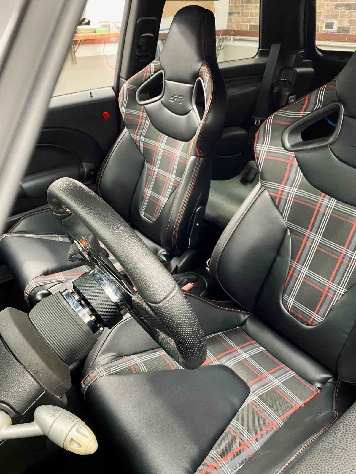 Simoni Universal Pair Red & Black Check Tartan GTi Car Bucket Seats + slides