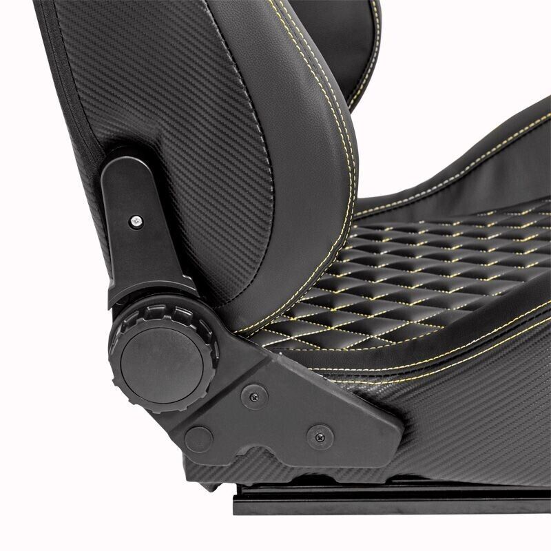 Auto-Style AK x1 Univ Reclining Sports Bucket Seat Black & Yellow Diamond Stitch Quilted Carbon Fibre Style + slide runners