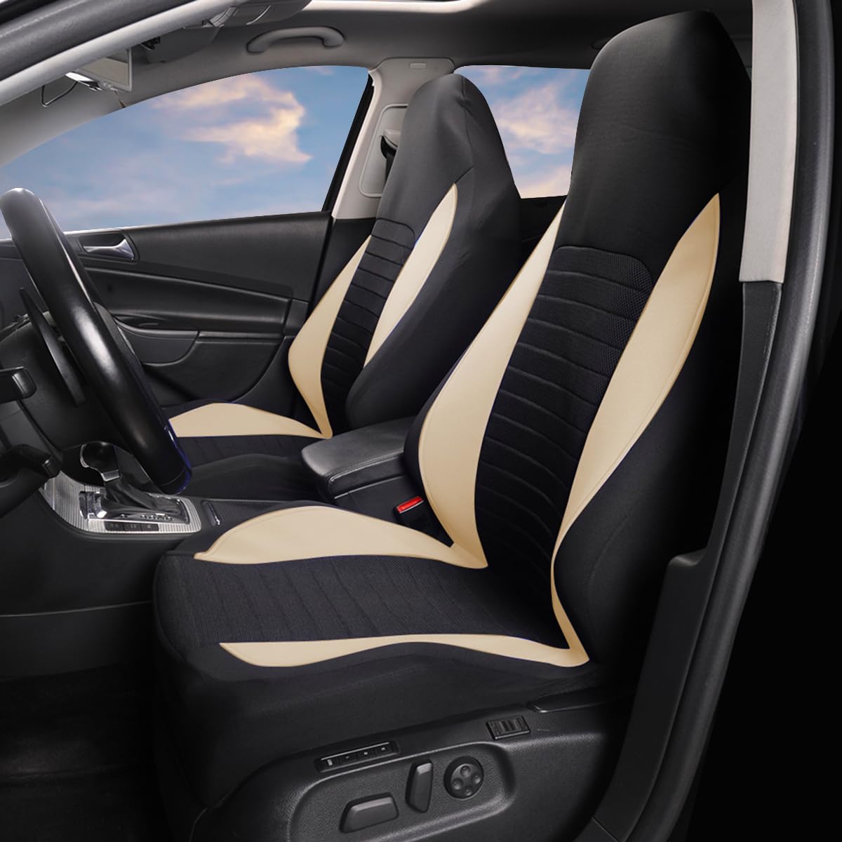 AUTOYOUTH Car Seat Covers Simple Bucket Style Universal Front Pair Fit for Car Truck SUV Van Seat Covers Car Seat Protector, Beige