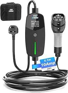 EV Charger Type 2 UK 3 Pin 20ft/6.1m [6/8/10A] Portable Electric Car Charger for EV &amp; PHEV, Adjustable Current, IP66 Type 2 Charging Cable for Home &amp; Travel, Black