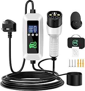 EV Charger Cable Type 2 to 3 Pin Plug 3KW, 6M, 6/8/10/13A, Adjustable Current EV Charger,With LED Screen Timing Delay IP66/IP65, With Carry Bag and Type 2 EV Cable Holder for EVs and PHEVs