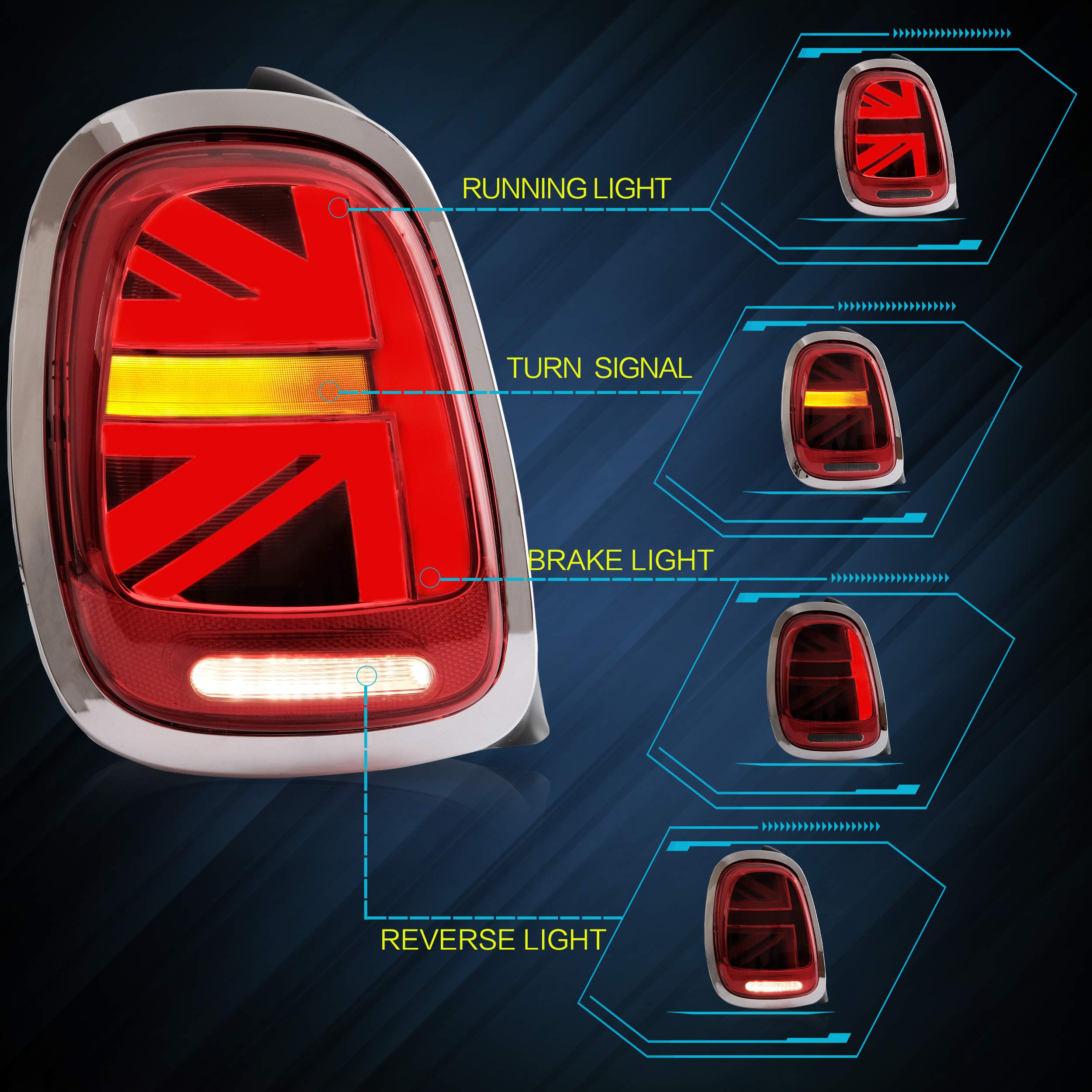 VLAND LED Tail Light Compatible with BMW Mini Cooper F55 F56 F57 2014-2021, Rear Lights with Sequential Turn Signal, Electroplated housing, Red