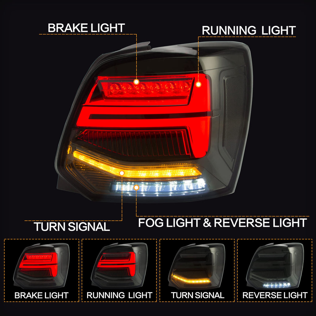 VLAND LED Tail Light Compatible with Polo 5 6R 6C TSI 2009-2017(Not for 1.2 TSI/saloon/GTI), Rear Lights with Streamer Indicator, E-mark, RHD, Smoked