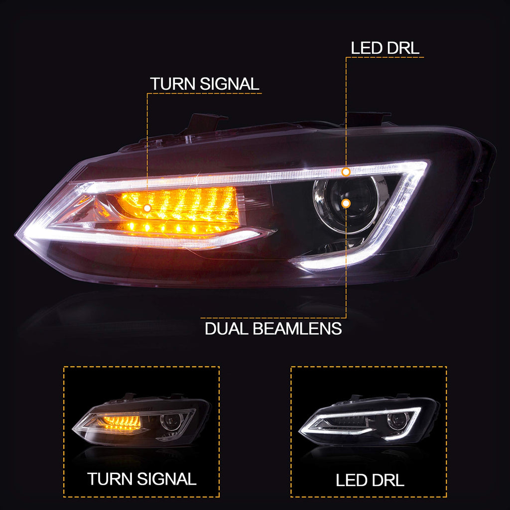 VLAND LED Tail Light Compatible with Polo 5 6R 6C TSI 2009-2017(Not for 1.2 TSI/saloon/GTI), Rear Lights with Streamer Indicator, E-mark, RHD, Smoked