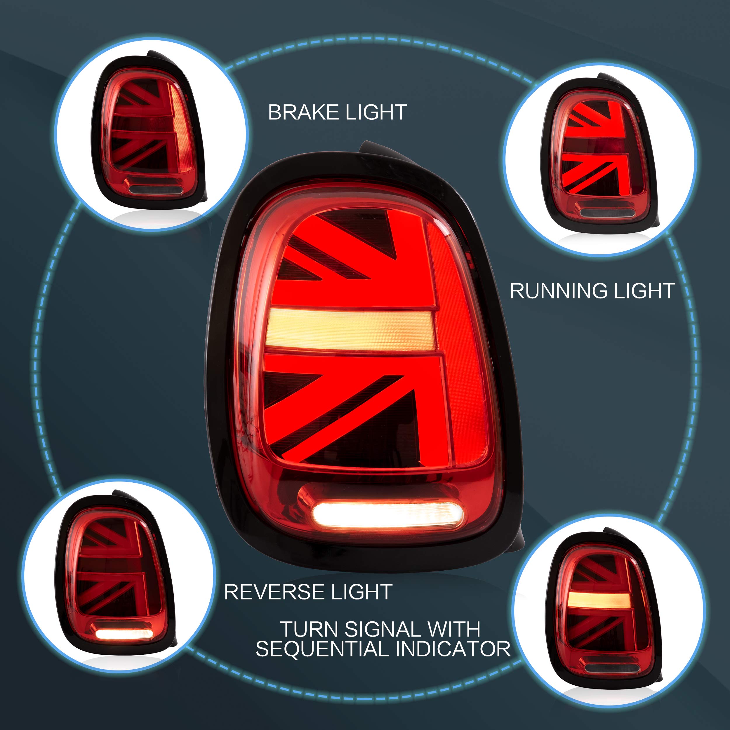 VLAND LED Tail Light Compatible with BMW Mini Cooper F55 F56 F57 2014-2021, Rear Lights with Sequential Turn Signal, Electroplated housing, Red