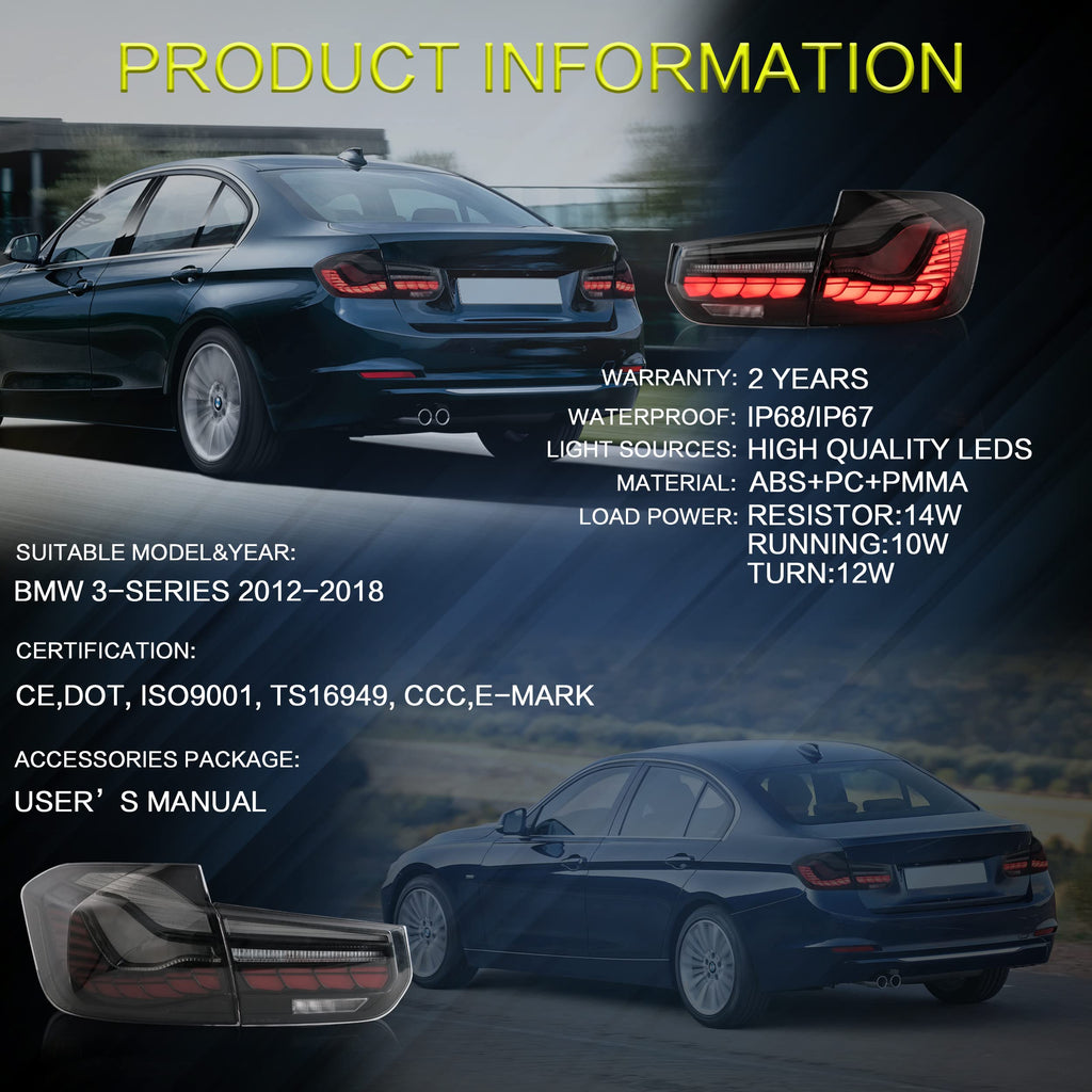 VLAND OLED Rear Lights Compatible with 2013-2018 BMW 3 Series F30 F35 F80 320i 328i 335i Sedan (Not for F31 F34), Tail Lights with Sequential Indicators, E-mark, Red